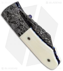 Burr Oak Knives Mini Combat Utility Knife Walrus Ivory (2.5" Mosaic Damascus) -Knife Shop Burr Oak Knives Mini Combat Utility Knife Walrus Ivory Mosiac Damascus BHQ 85805 jr side