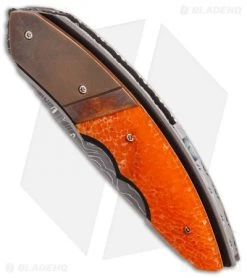 Corrie Schoeman Snout Liner Lock Knife Orange Giraffe Bone (2.5" Damascus) -Knife Shop Corrie Schoeman Snout Orange Giraffe Bone Damascus BHQ 86775 er spine