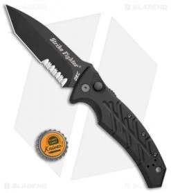 Ontario XM Strike Fighter 2-S Automatic Knife Black Aluminum (3.75" Black Serr) -Knife Shop Ontario XM Strike Fighter Auto Black Serr BHQ 71034 jr bottlecap