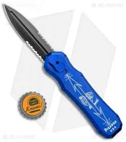 Piranha Excalibur OTF Knife Blue Double Action Automatic (3.2" Black Serr) -Knife Shop Piranha Blue Exalibur DA OTF Auto Tactical Black Serr BHQ 1232 jr bottlecap