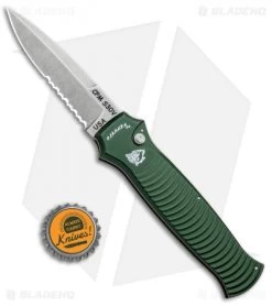 Piranha Bodyguard Automatic Knife Green (3.3" Stonewash Serr) -Knife Shop Piranha Bodyguard Auto Green SW Serr P 6GS BHQ 1435 jr bottlecap