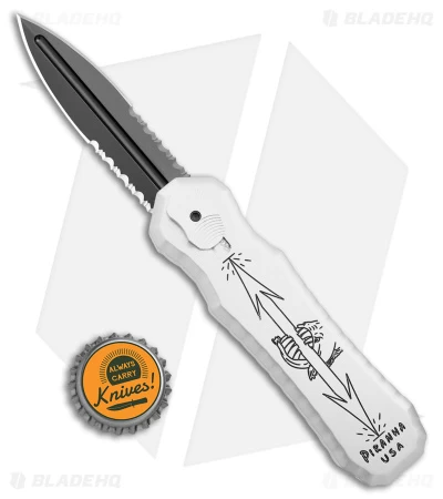 Piranha Excalibur OTF Automatic Knife Silver Tactical (3.2" Black Serr) 6 Piranha Excalibur OTF Automatic Knife Silver Tactical (3.2" Black Serr) - Image 4