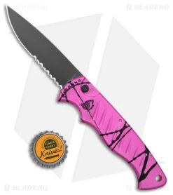 Piranha Pocket Automatic Knife Hot Pink (3.2" Black Serr) -Knife Shop Piranha Pocket Auto Hot Pink Black Serr BHQ 180416 jr bottlecap