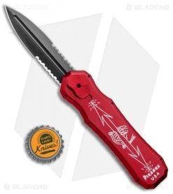 Piranha Excalibur OTF Automatic Knife Red Tactical (3.2" Black Serr) -Knife Shop Piranha Red Exalibur DA OTF Auto Tactical Black Serr BHQ 23583 jr bottlecap