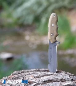 TOPS Knives Backpacker's Bowie Fixed Blade Green Canvas Micarta (4.5" Tumbled) -Knife Shop TOPS Knives Backpackers Bowie Fixed Blade Green Canvas Micarta Tumbled BHQ81888 kp wood stream web