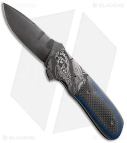 Burr Oak Knives Flipper #1 Knife Blue G-10/Carbon Fiber (3.75" Gray)