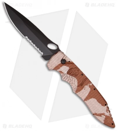 Piranha Predator Desert Camo Tactical Automatic Knife (4.1" Black Serr) 3 Piranha Predator Desert Camo Tactical Automatic Knife (4.1" Black Serr)